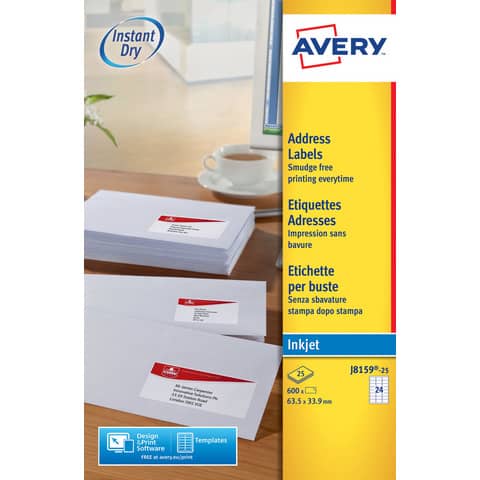 Etichette bianche per buste AVERY QuickDRY™ 63,5x33,9 mm - 24 et/foglio - stampanti inkjet - cf. 25 fogli J8159-25